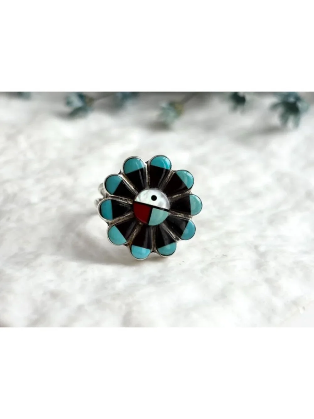 Zuni Sun Face Turquoise, Onyx, MOP & Coral Sterling Silver 925 Vintage Ring sz 6